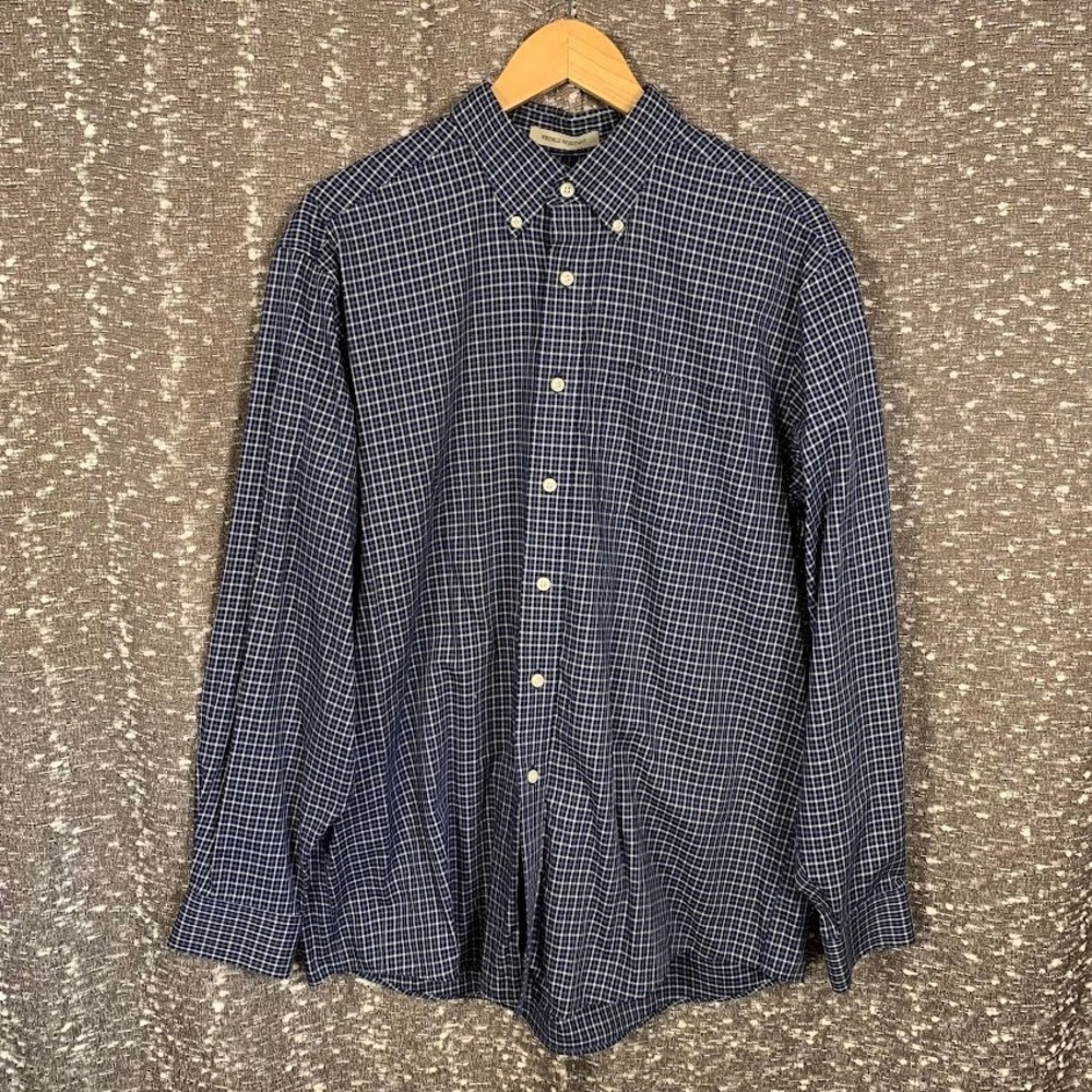 LL Bean Mens Large Wrinkle Resistant Navy Micro Check Button Down Shirt OMT78